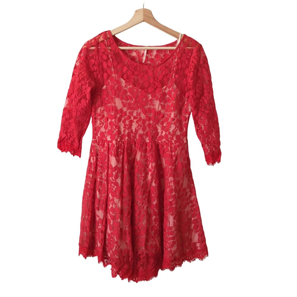 Free People Floral Red‎ Lace Mini Dress Sheer Slip Embroidery Womens 10 Medium